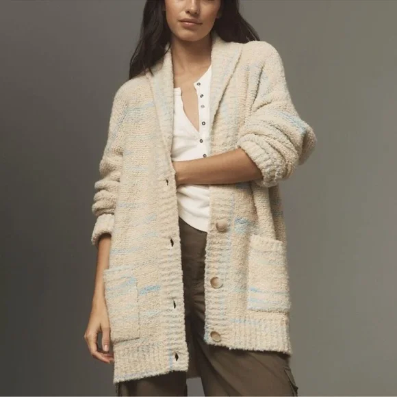 NWT Anthropologie Pilcro Beige and Blue Oversized Cardigan Sweater w/ Pockets - Picture 1 of 11